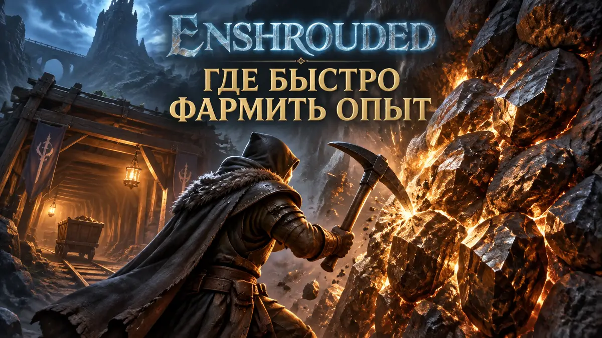 Герой Enshrouded с киркой у огромной светящейся жилы железной руды у входа в шахту, фарм опыта