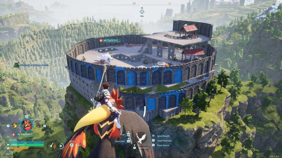 Palworld player flying next to two story base on a hill in a foresst