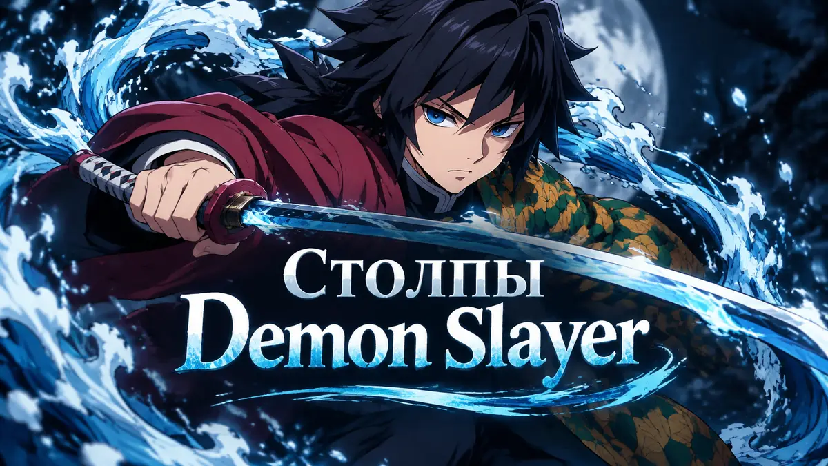 Столп Воды Гию Томиока в боевой стойке с мечом из Demon Slayer на темном фоне