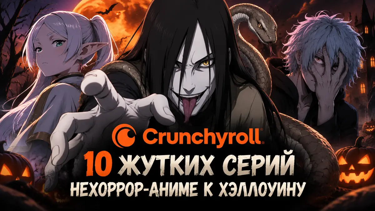 Оротимару из аниме «Наруто» в центре, за ним Фрирен и Сигараки на тёмном хэллоуинском фоне Crunchyroll