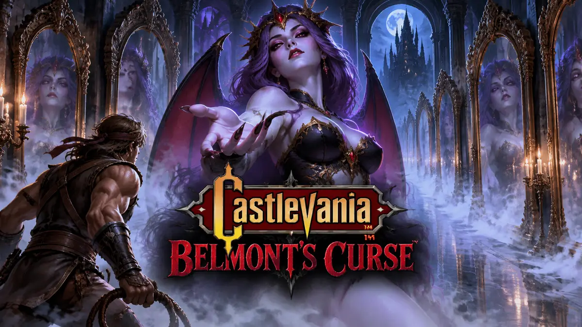 Суккуб The Temptress среди готических зеркал в тумане, постер Castlevania: Belmont's Curse и Hall of Mirrors