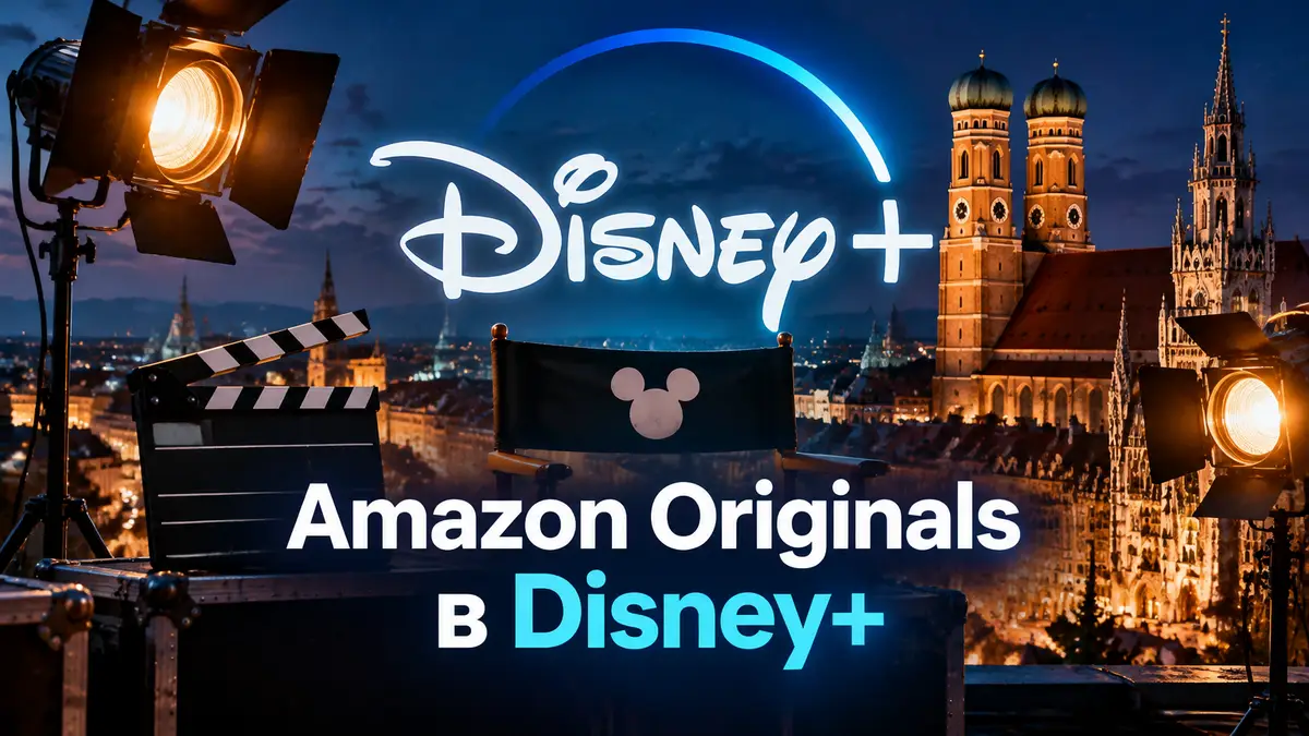 Логотип Disney+ на фоне ночного Мюнхена, рядом кинохлопушка и софиты — Disney+ нанимает экс-главу Amazon