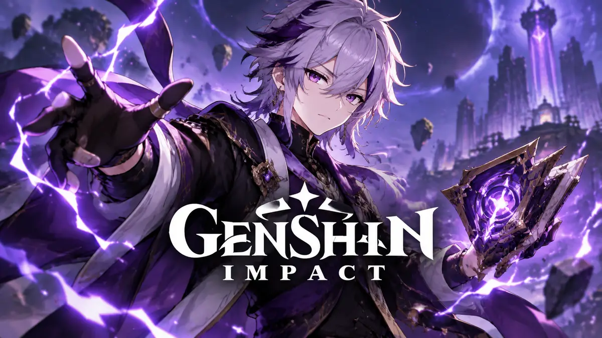 Electro-персонаж Mitya держит катализатор среди вспышек молний в стиле Genshin Impact