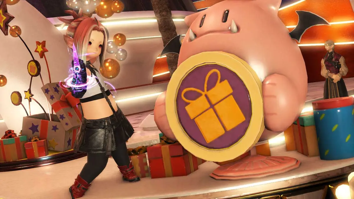 A Final Fantasy 14 screenshot showing a lalafel wearing tifa's outfit