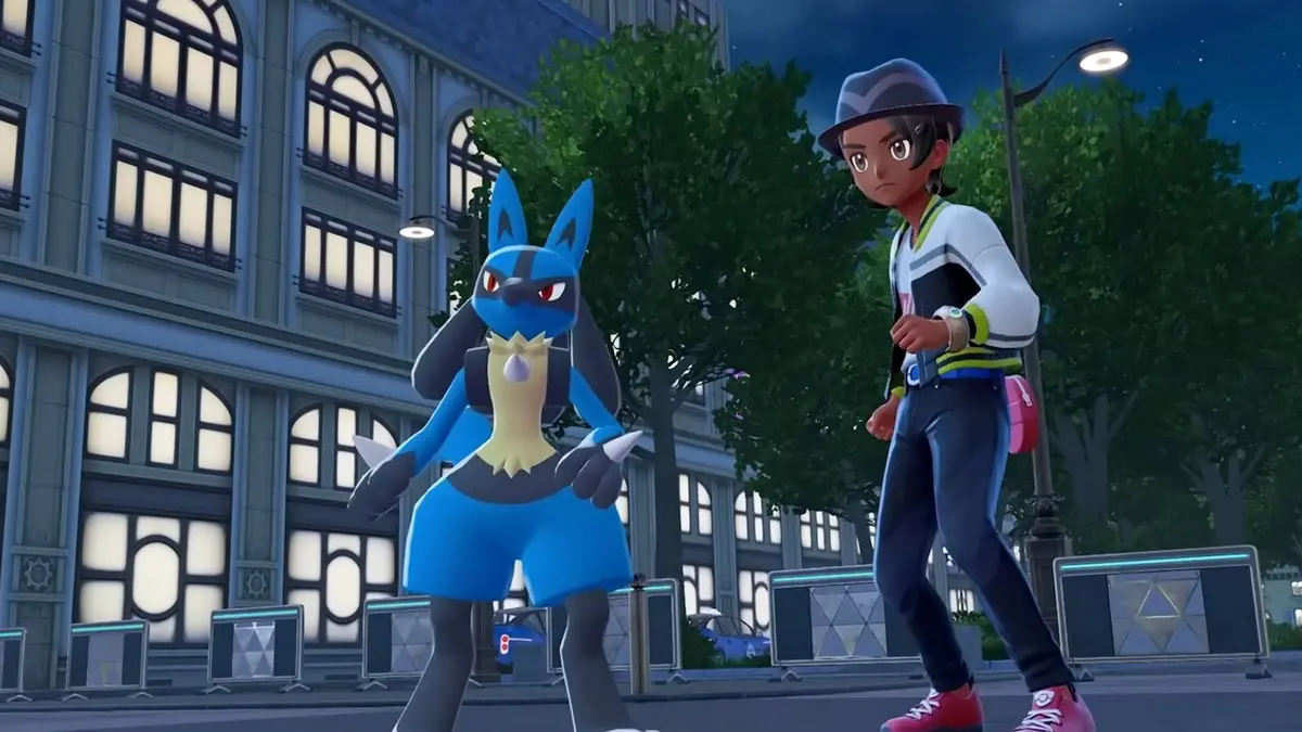 A Trainer stands next to their Lucario in Pokemon Legends Z-A.