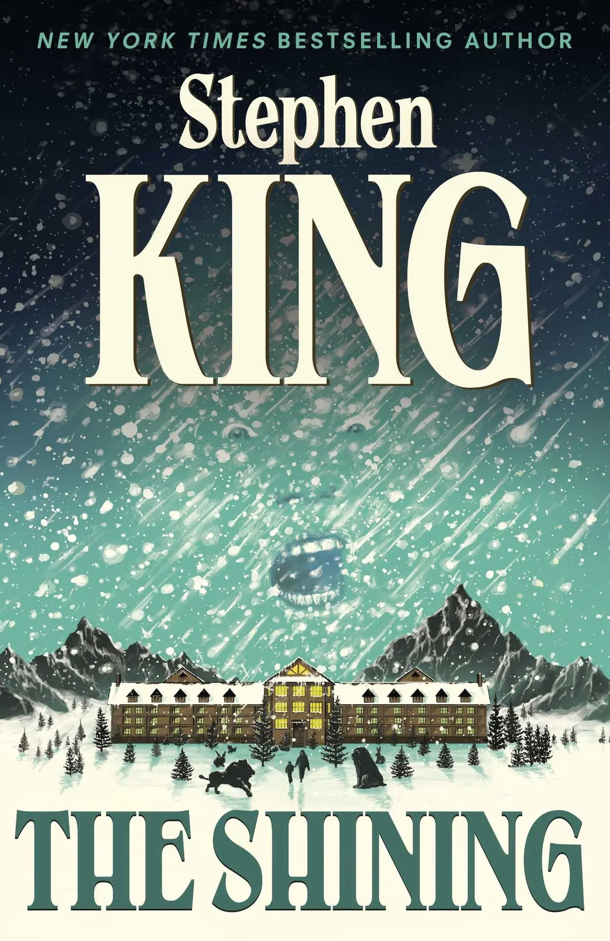 The book cover of The Shining by Stephen King shows the Overlook hotel with snow
