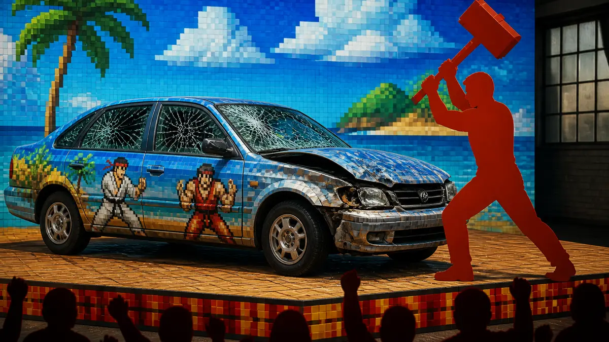 Реальный автомобиль, стилизованный под бонусный уровень из файтинга Street Fighter 2