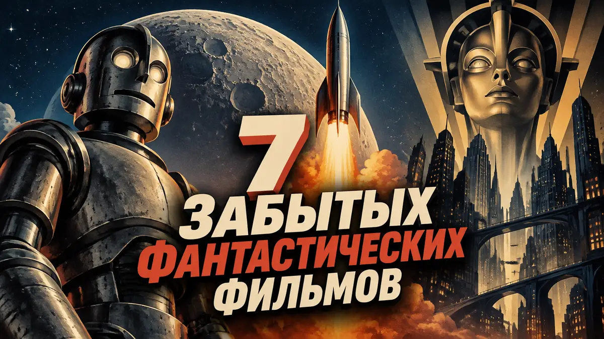 Ретро-постер классической фантастики: ракета над Луной, робот и мегаполис в стиле «Метрополиса»