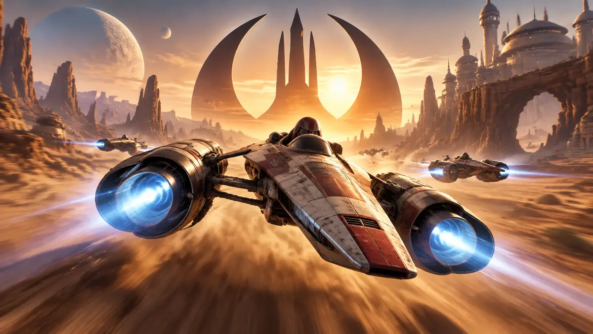 Гоночный болид в стиле Star Wars: Galactic Racer несётся над пустынной планетой на фоне логотипа игры