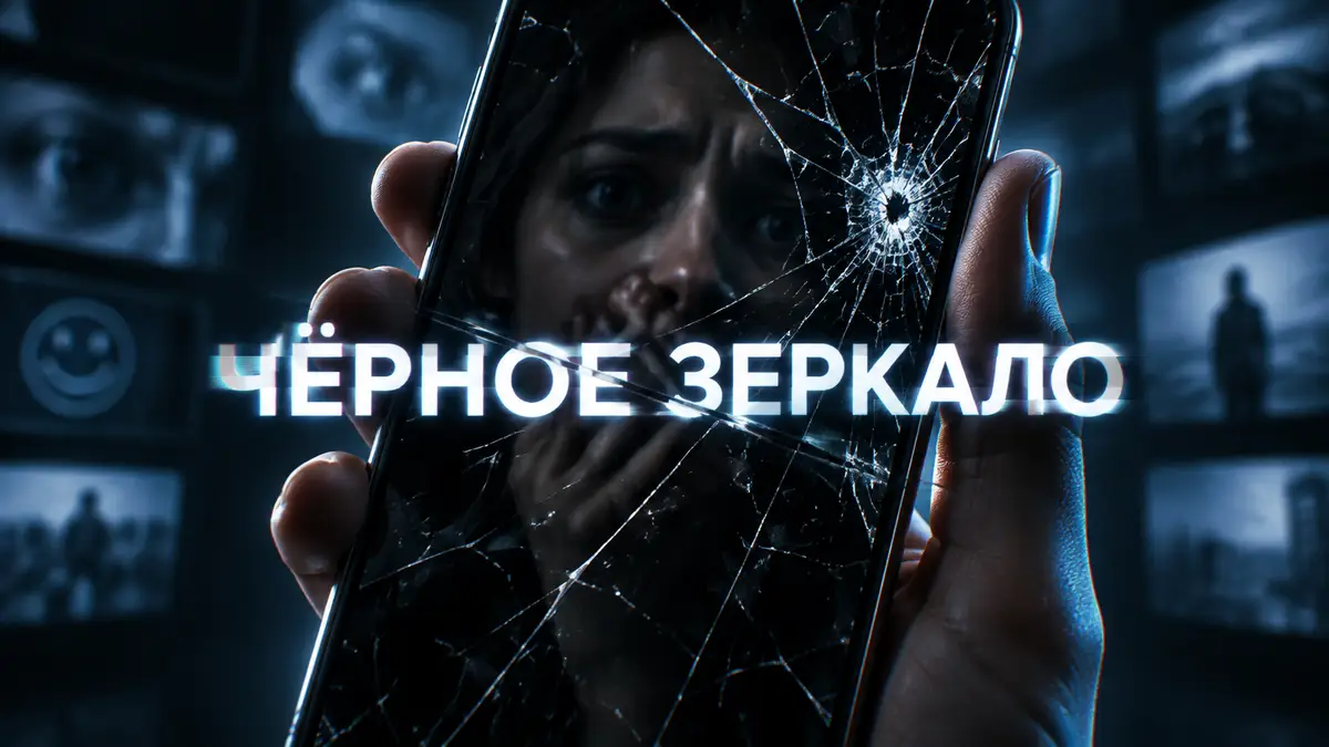 Чёрный разбитый экран смартфона с отражением тревожного лица, неоновый логотип сериала «Чёрное зеркало»