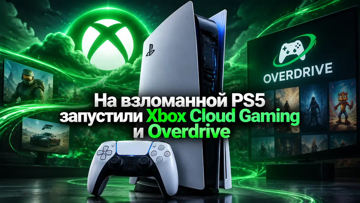 Консоль PS5 на фоне зелёного свечения логотипа Xbox и облачных потоков, взломанная PS5 с DualSense