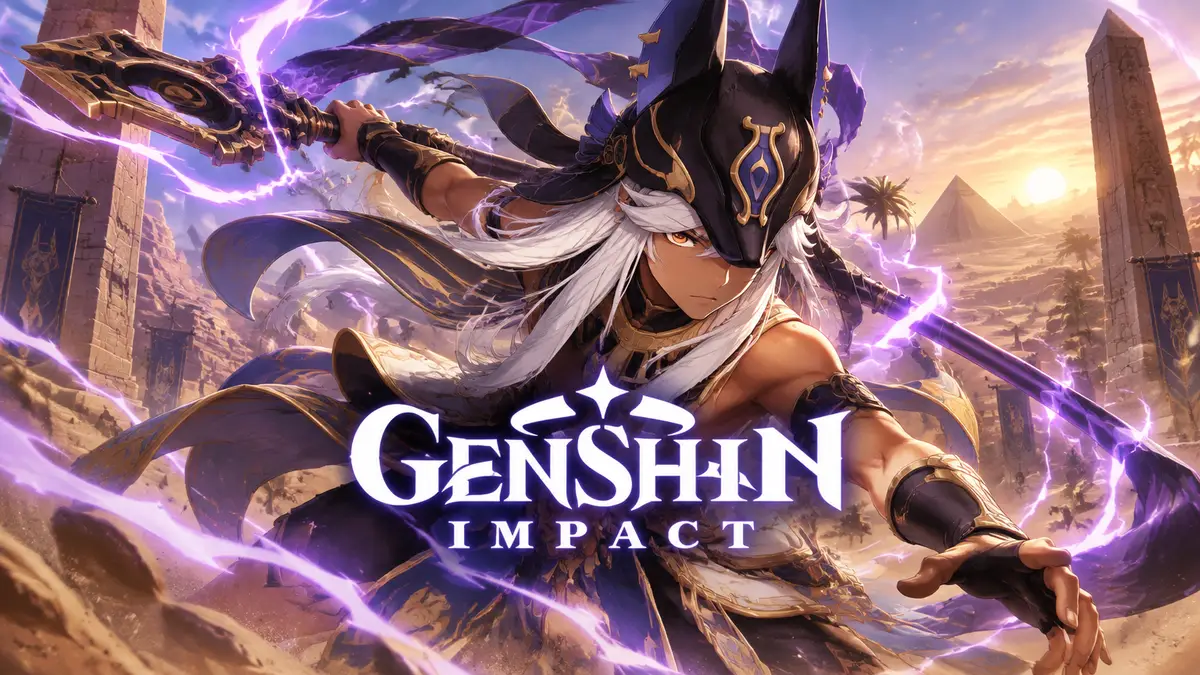 Сайно из Genshin Impact в волчьем головном уборе с древковым оружием в электро-молниях на фоне пустыни