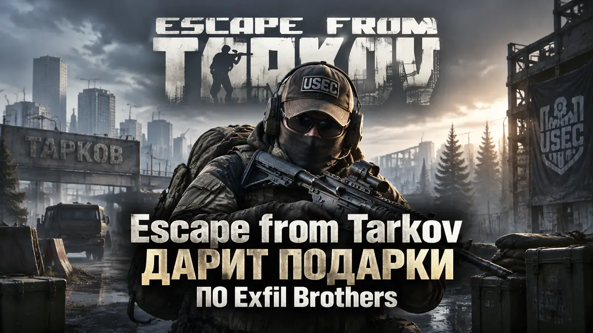 Боец ЧВК в экипировке на фоне Таркова с логотипом Escape from Tarkov