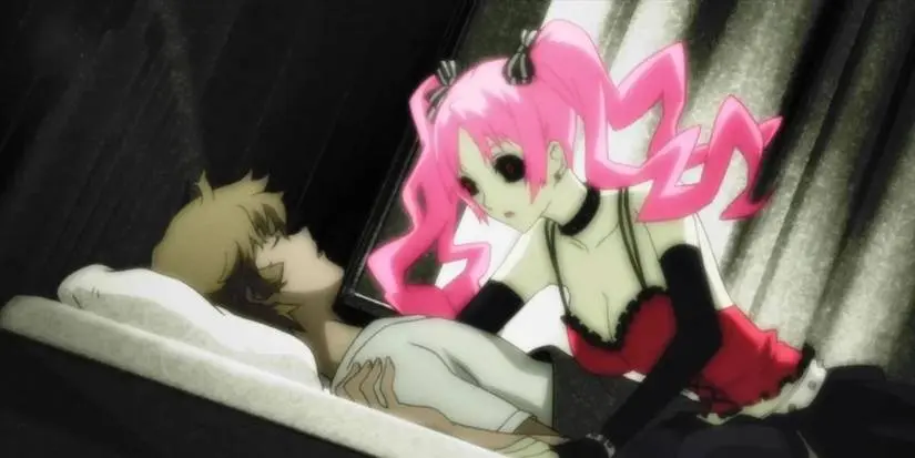 Shiki anime's Megumi looming over a sleeping boy with her eyes wide.