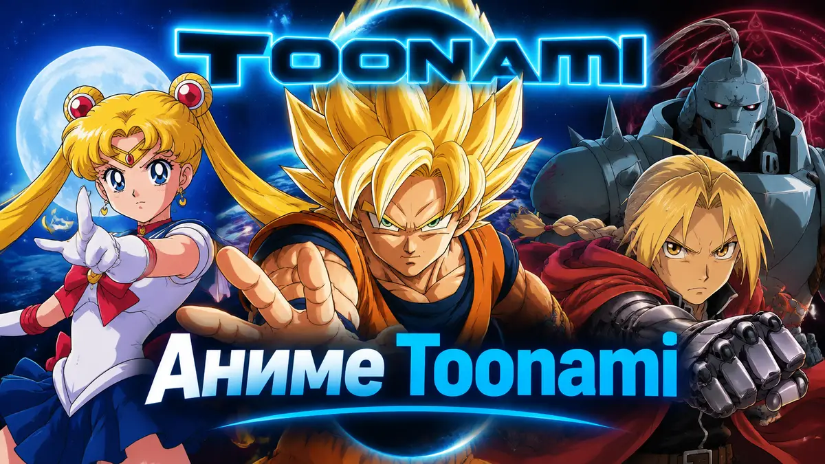 Аниме-постер Toonami: Сейлор Мун, Гоку в форме Супер Сайяна и братья Элрики на фоне неонового логотипа