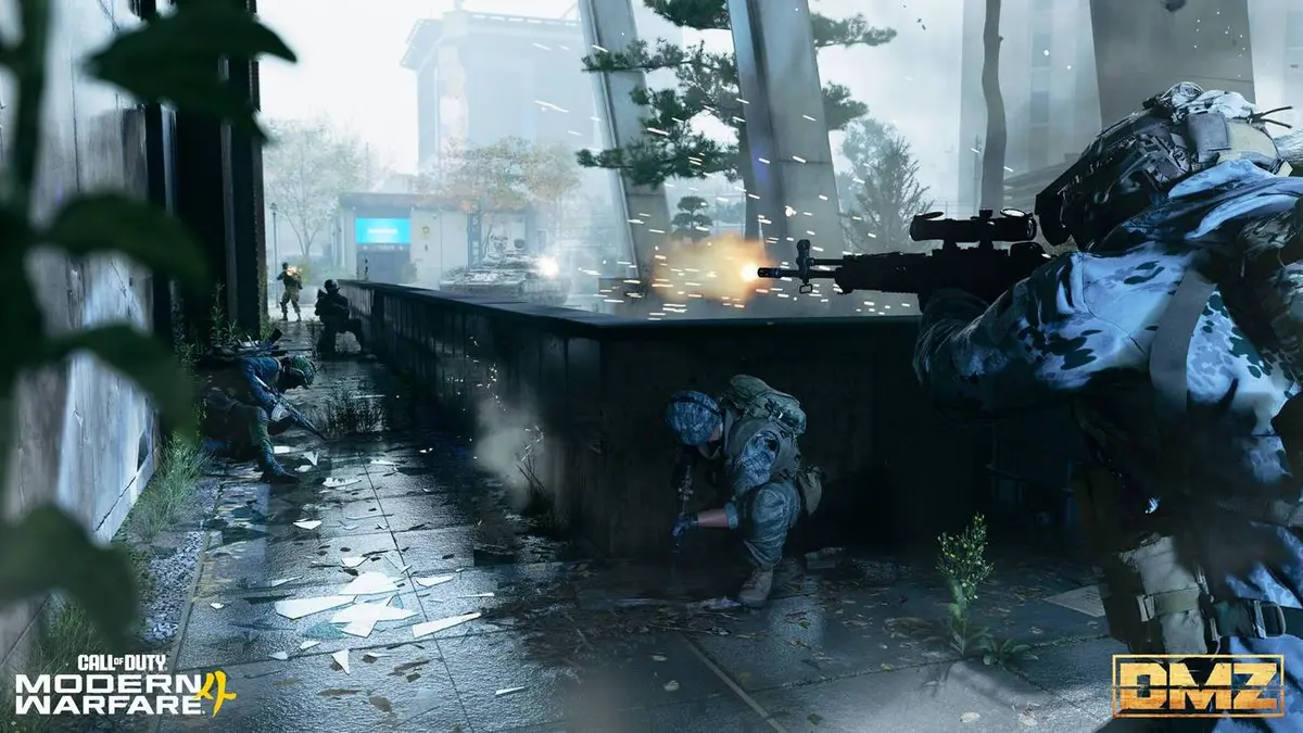 A trio of players in DMZ shooting back at enemies in Modern Warfare 4.
