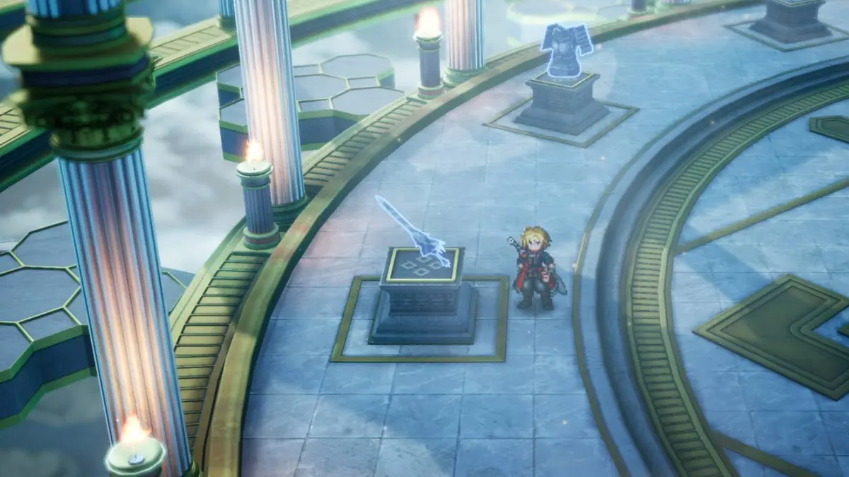 Rain stands next to a huge sword on a pedestal in a special area in Final Fantasy Resonance.