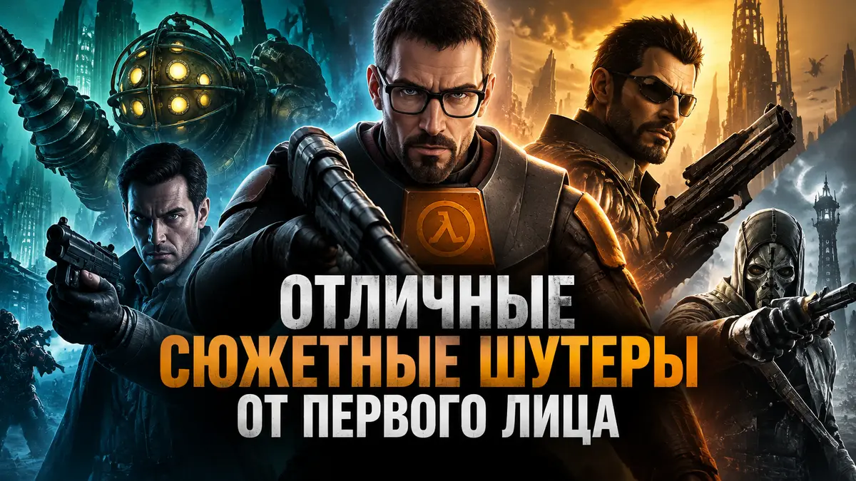 Постер с персонажами сюжетных шутеров от первого лица с оружием в руках