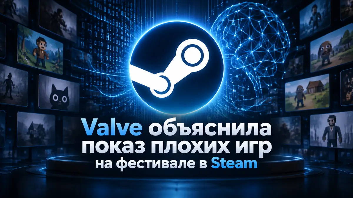 Светящийся логотип магазина Steam на темном фоне цифровых алгоритмов и нейросетей