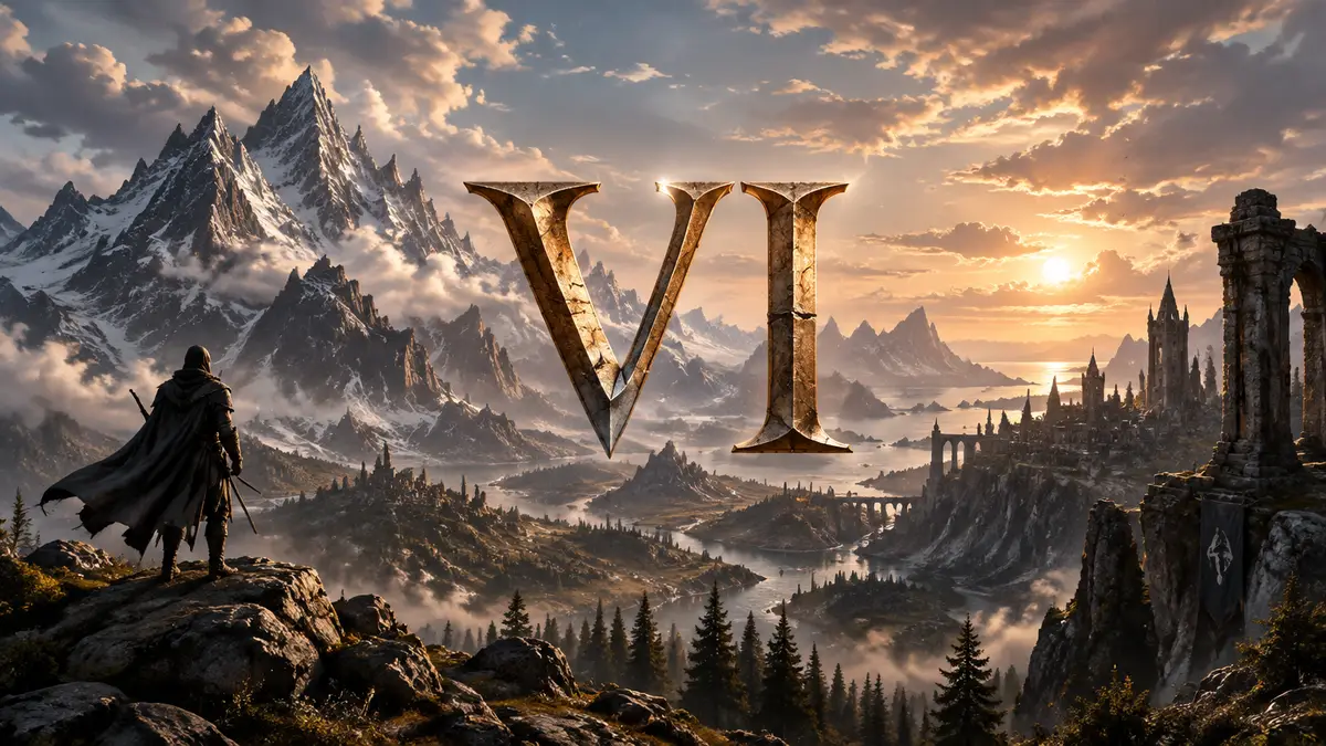 Горный пейзаж в стилистике The Elder Scrolls 6 с золотым логотипом игры по центру