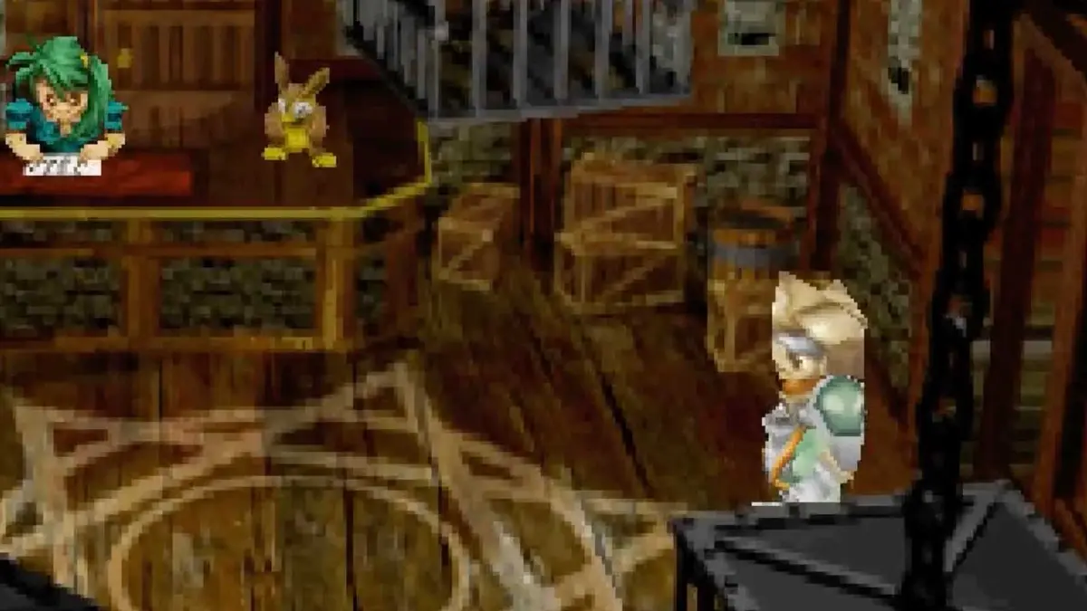 The protagonist enters a shop in Monster Seed