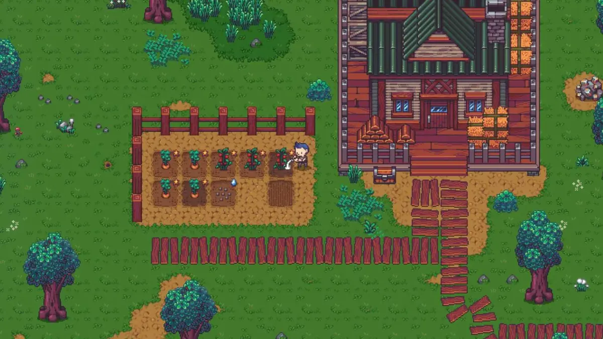 A character in Emberville watering some crops.