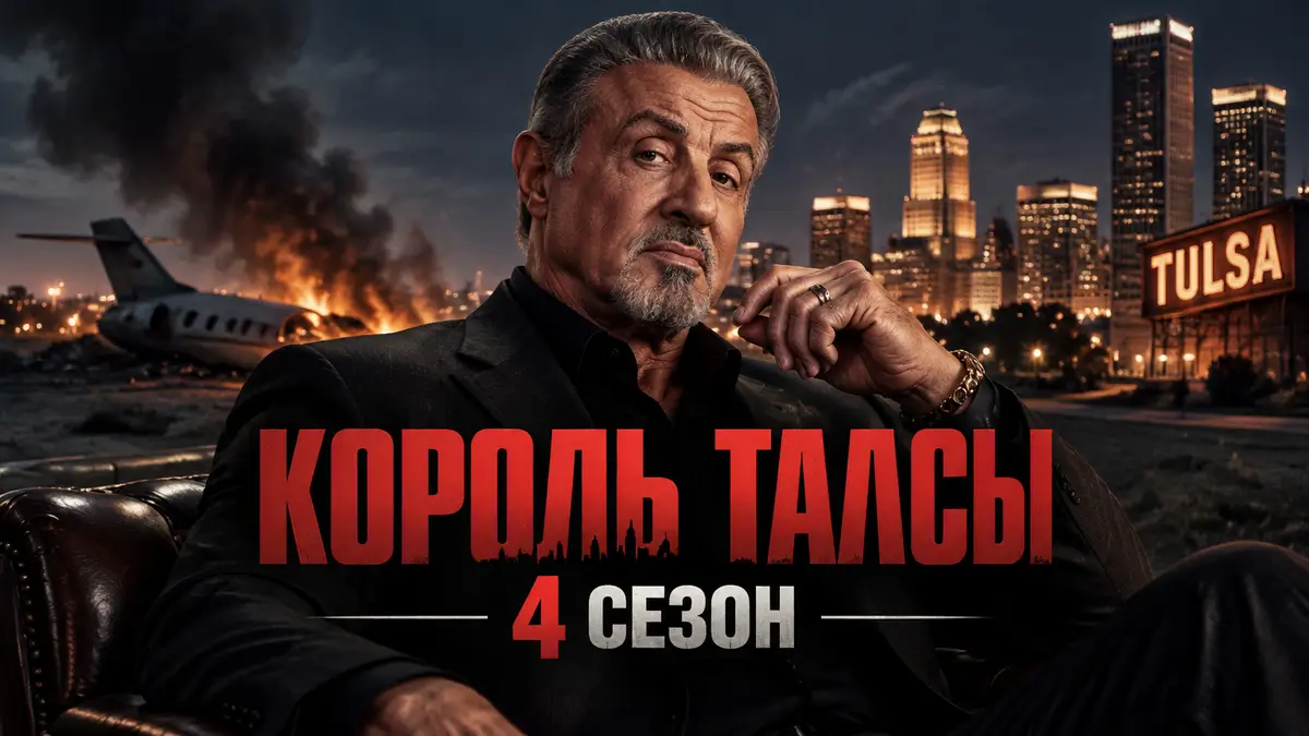 Сильвестр Сталлоне в роли Дуайта Манфреди на фоне ночной Талсы, постер сериала «Король Талсы» 4 сезон