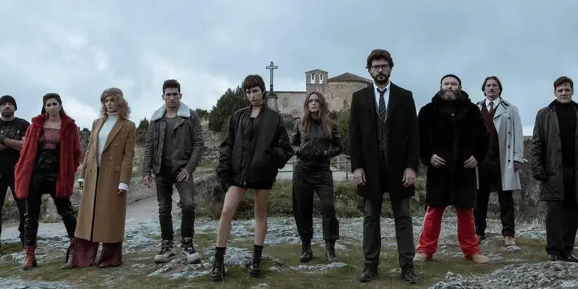 The cast of Money Heist standing outside
