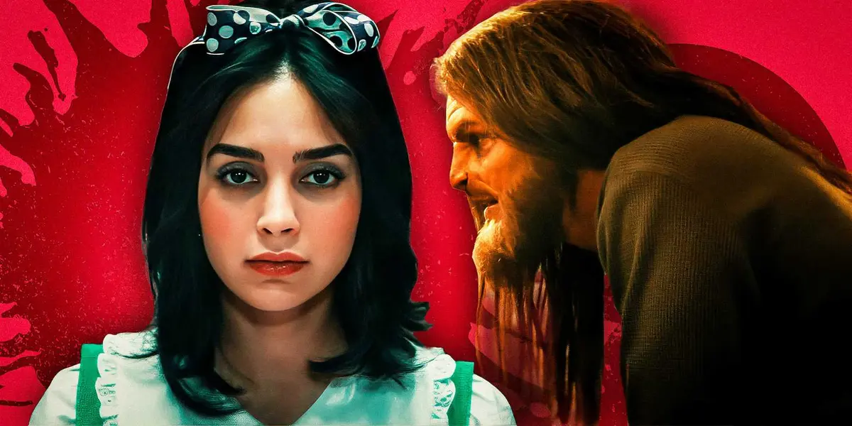 Melissa Barrera as Laura and Tommy Dewey as the Monster in Your Monster against a red background