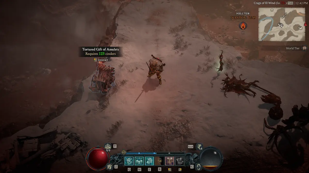 A Barbarian stands in front of a Tortured Gift of Amulets in Diablo 4