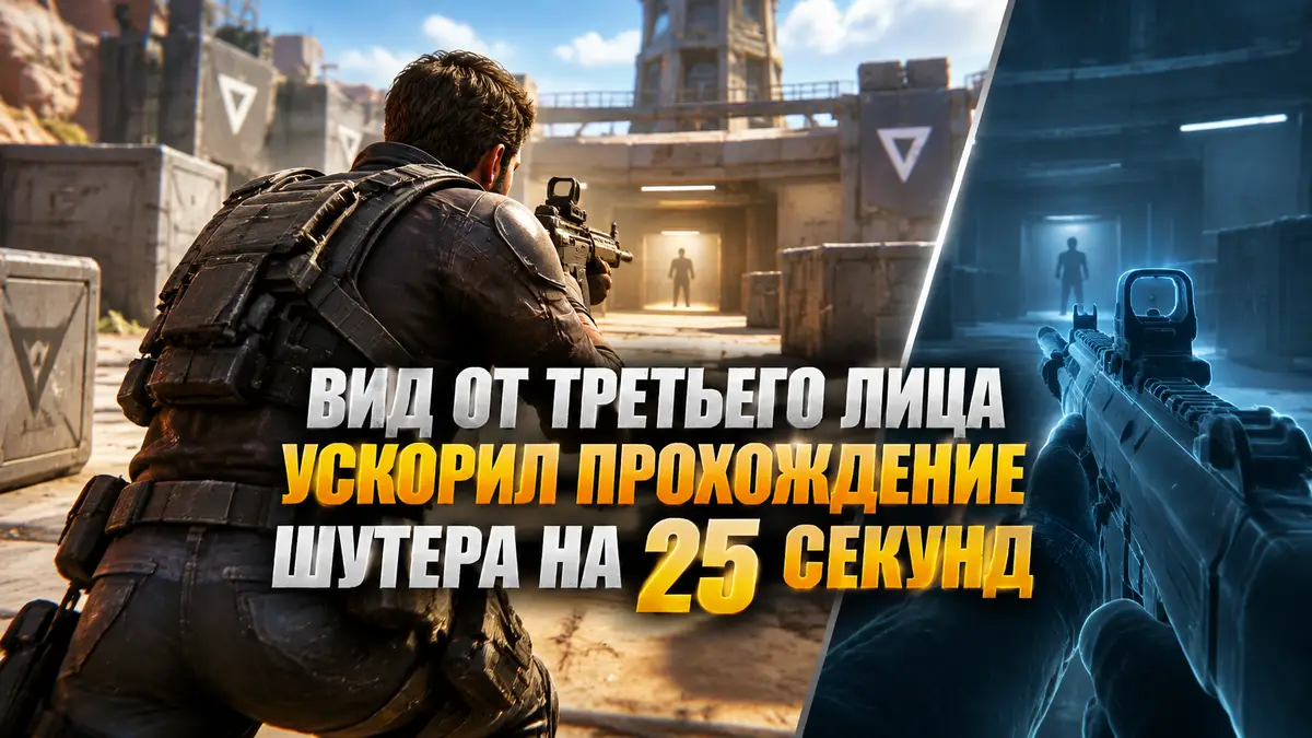 Персонаж 3D-шутера с камерой за спиной в арене, рядом силуэт вида от первого лица, тема вида от третьего лица