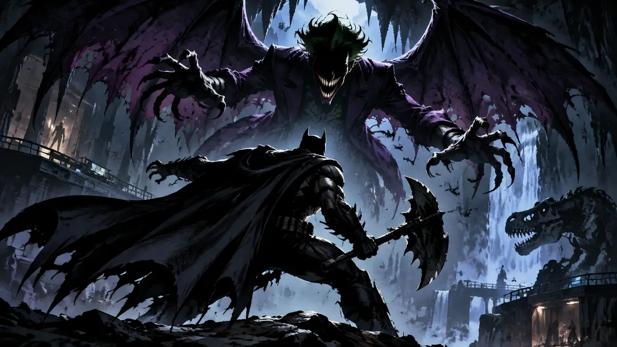 Бэтмен Absolute Batman с топором против огромного крылатого Джокера в тёмной пещере, стиль комиксов DC