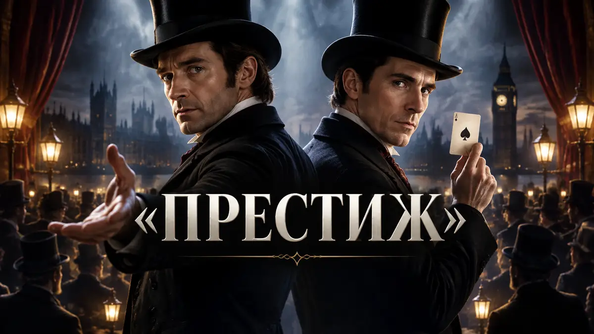 Постер к 20-летию фильма «Престиж»: два фокусника в цилиндрах на сцене викторианского Лондона