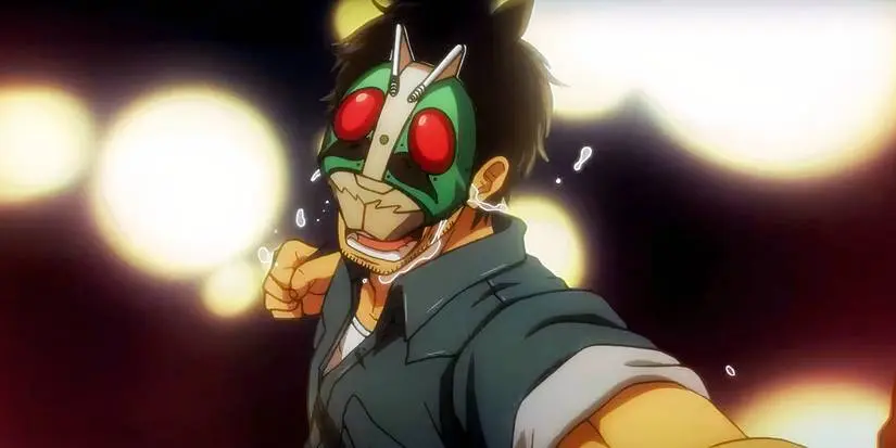 Tanzaburou Tanjiro cries hard while throwing a punch in a Kamen Rider mask in Tojima Wants to Be a Kamen Rider.