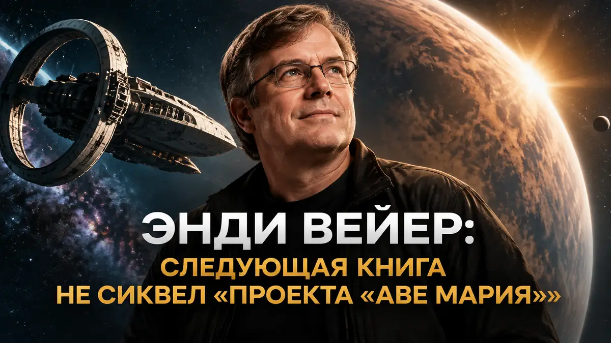 Писатель Энди Вейер на фоне звездолёта и далёкой планеты, постер в стиле фильма «Проект «Аве Мария»»