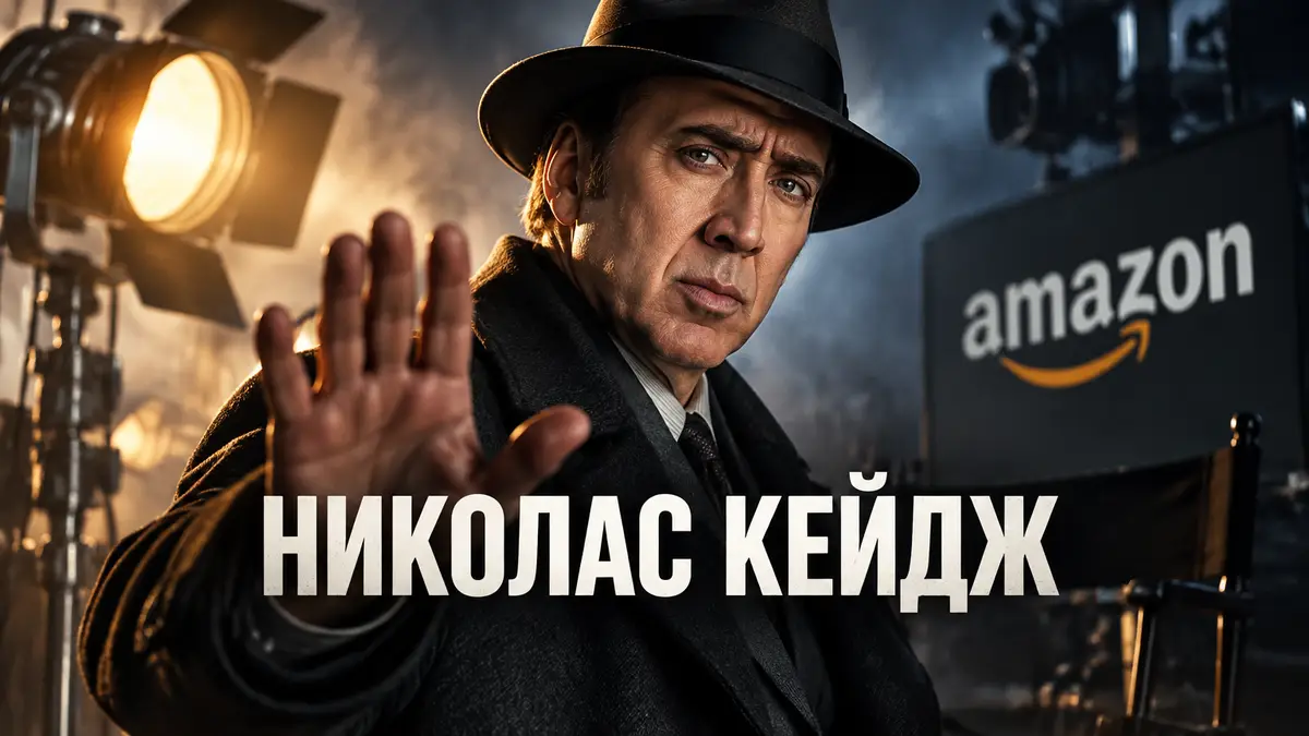 Николас Кейдж на съемочной площадке в стильном нуарном пальто и шляпе