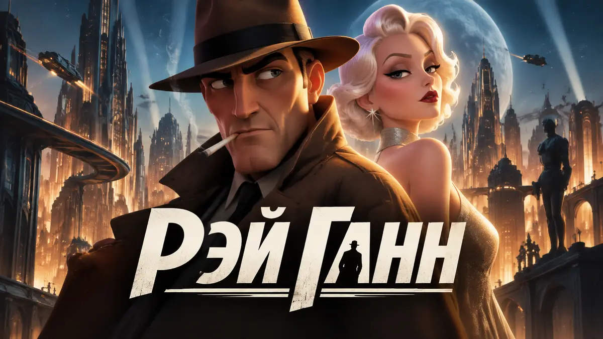 Детектив Рэй Ганн и поп-звезда Венера Нова на фоне ретрофутуристического города в постере «Рэй Ганн»