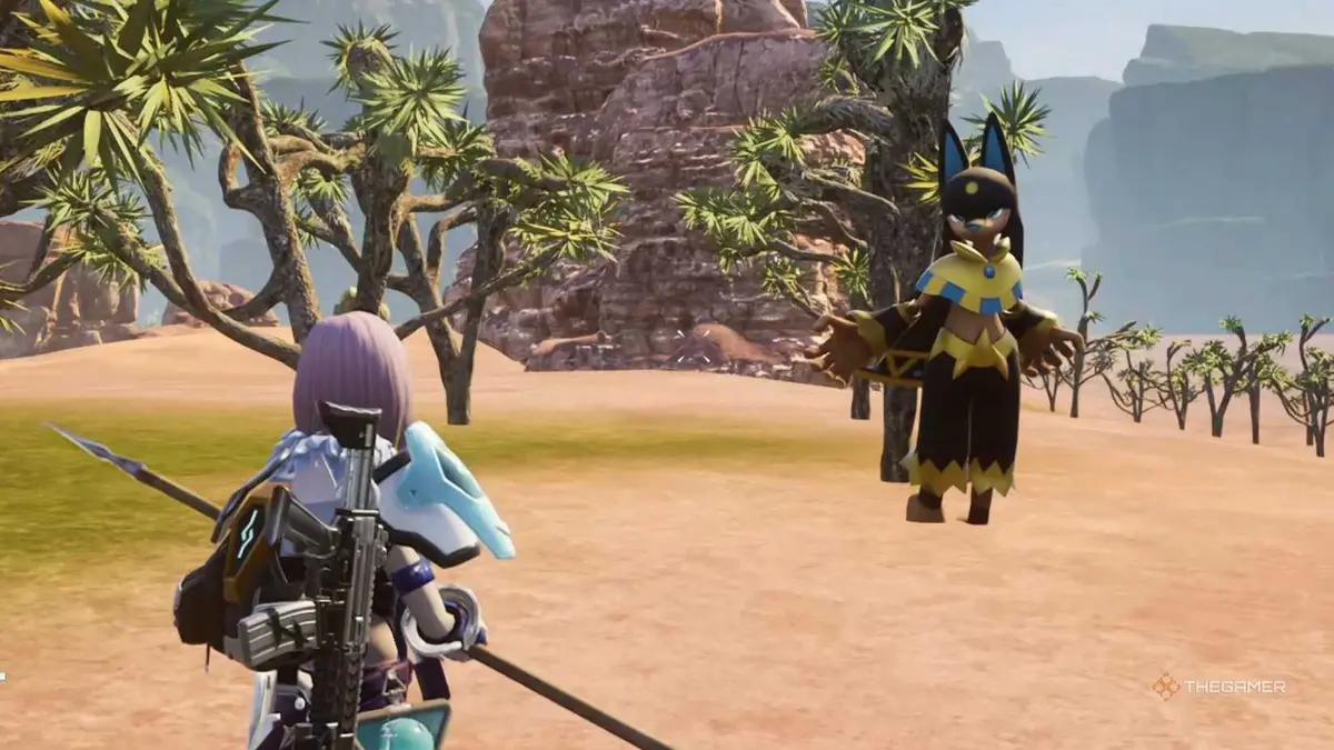 The player is challenging Anubis, who is standing in the front