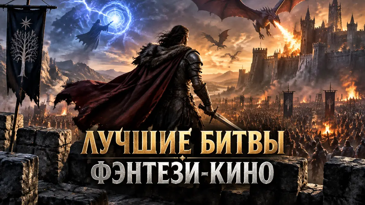 Лучшие битвы фэнтези-кино: воин с мечом на стене крепости, внизу армия, драконы и магия в небе
