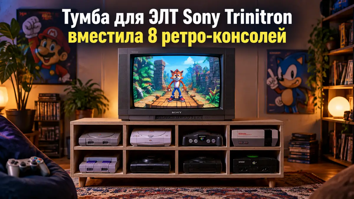 ЭЛТ-телевизор Sony Trinitron на фанерной тумбе с ретро-консолями PlayStation, Dreamcast, N64 и NES в уютной комнате
