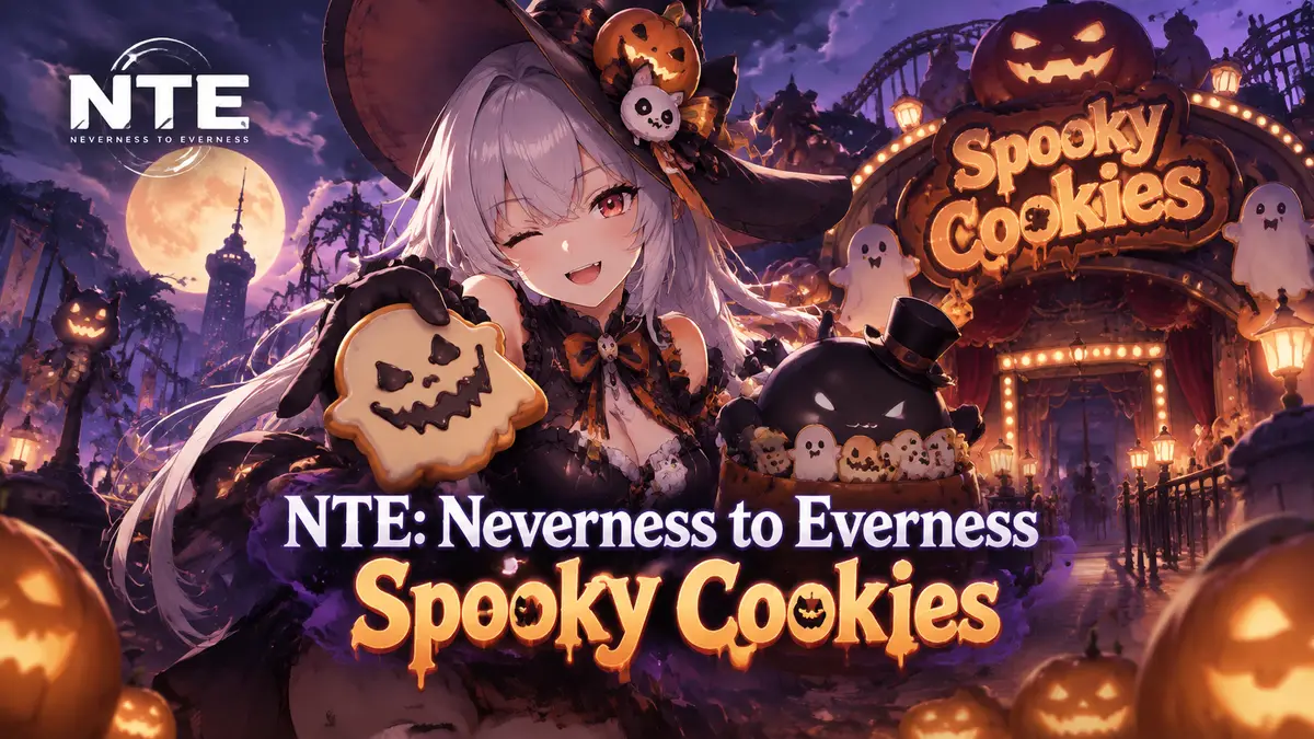 Хэллоуинский арт к игре NTE: Neverness to Everness с аттракционом Spooky Cookies