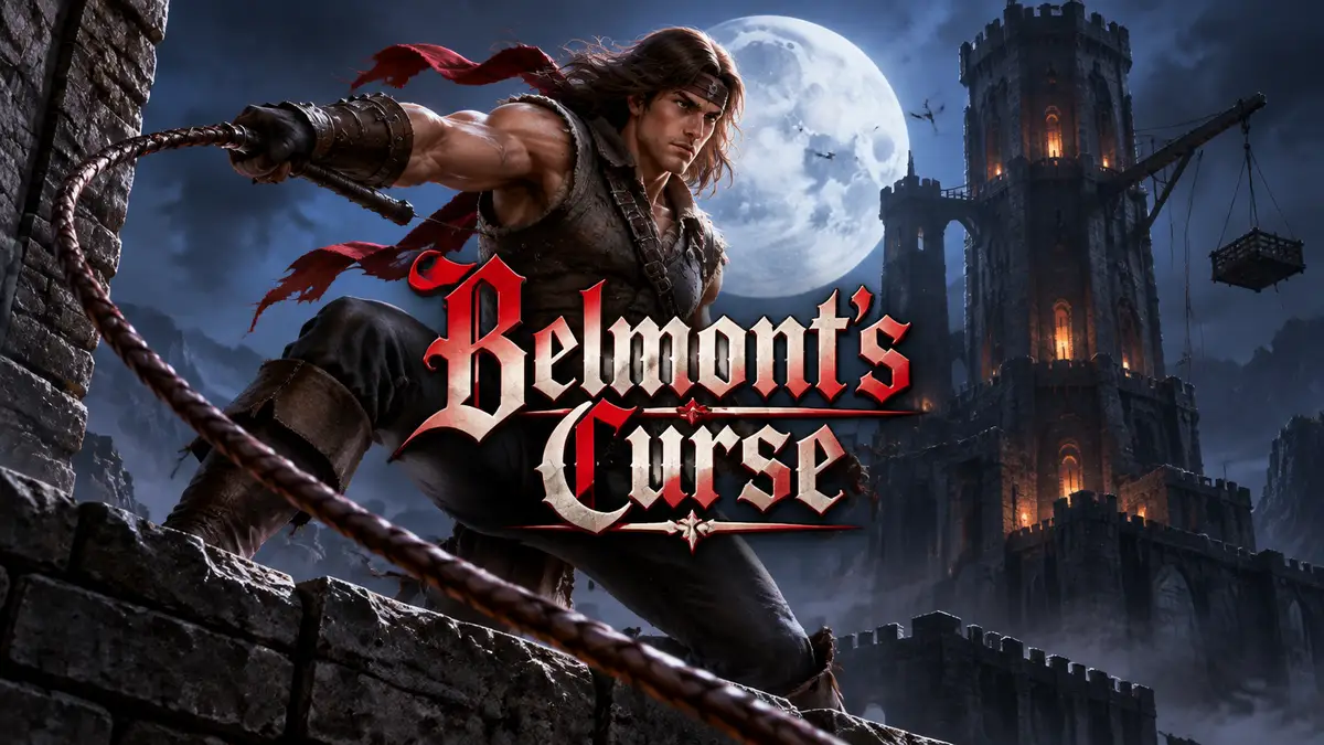 Охотник из клана Бельмонт с кнутом на крыше мрачной Prison Tower, Castlevania: Belmont's Curse