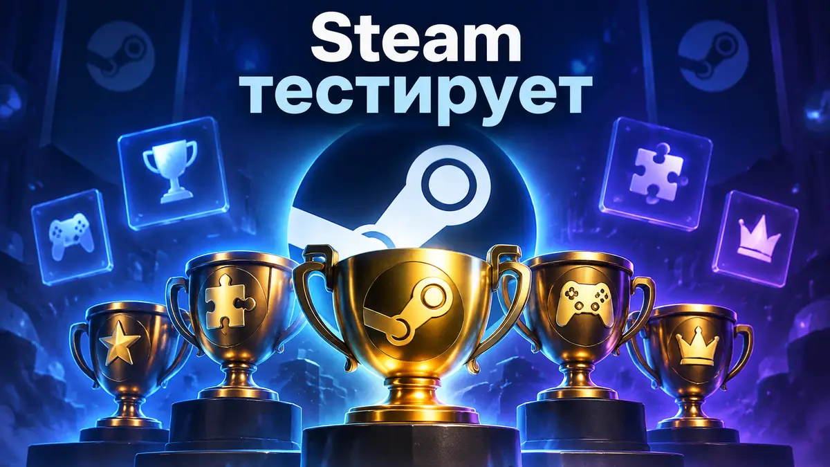 Золотые трофеи и кубки достижений Steam в синем и фиолетовом свечении на фоне логотипа Steam