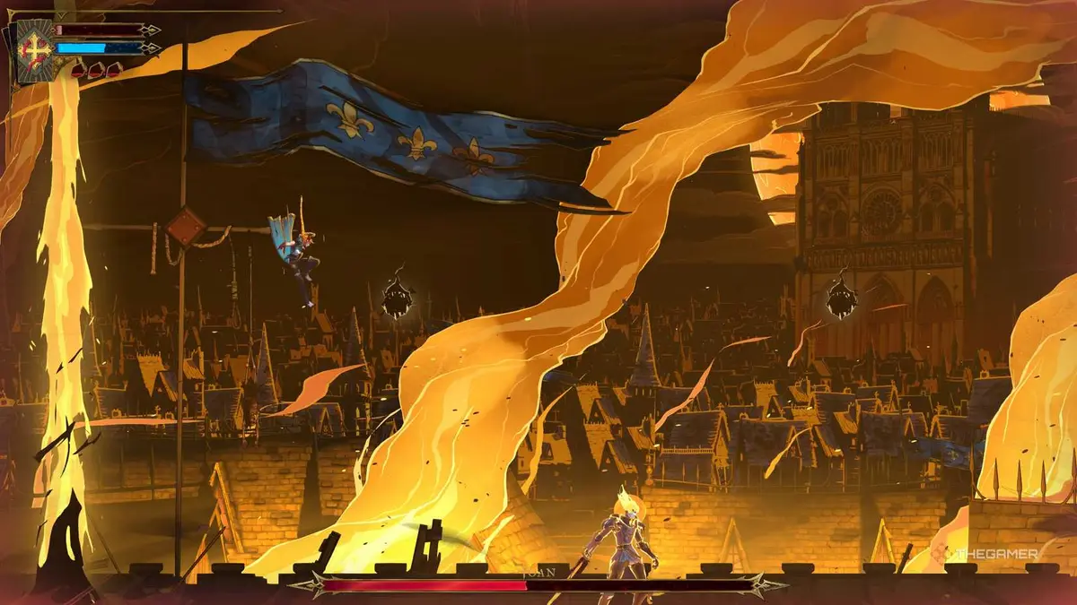 A player defeating Joan and completing The Warrior tarot card in Castlevania: Belmont's Curse.