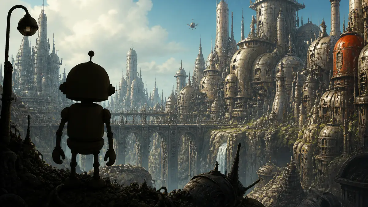 Арт из игры Machinarium 2 с роботом на фоне города