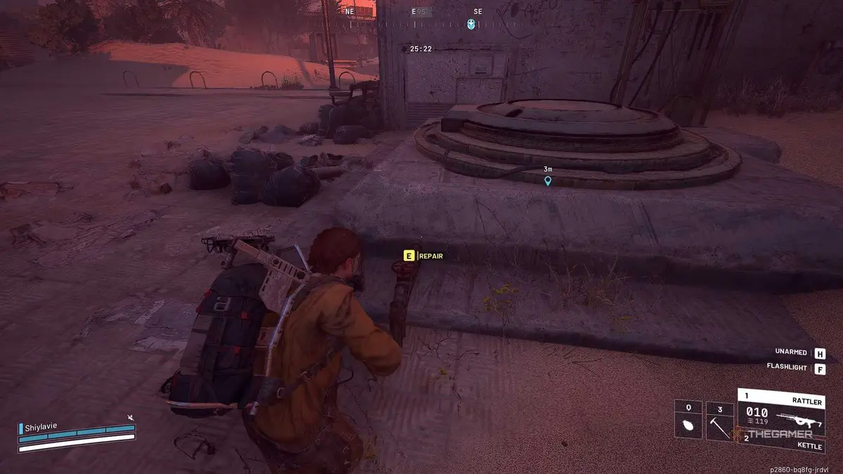 ARC Raiders repairing a broken hatch valve at sunset in the Buried City.