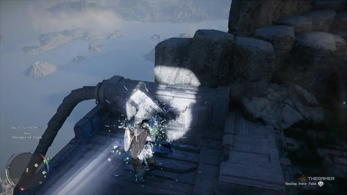 Kliff solving the first puzzle during the Precipice of Truth Abyss puzzle mission in Crimson Desert.