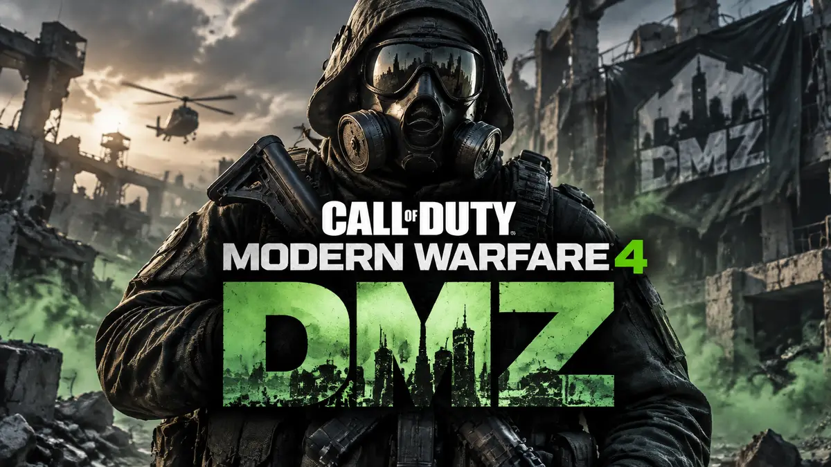 Боец в противогазе на фоне руин и логотипа DMZ, ключевой арт Call of Duty: Modern Warfare 4