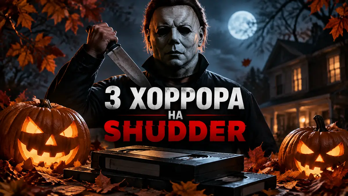 Постер хоррор-подборки Shudder: Майкл Майерс в маске, тыквы и VHS-кассеты в осенней ночи Хэллоуина