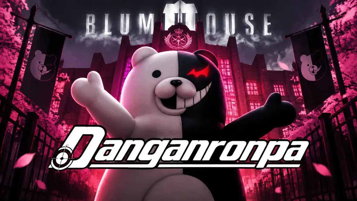 Постер сериала Danganronpa: Монокума в центре на фоне розово-чёрной школы надежды и логотипа Blumhouse